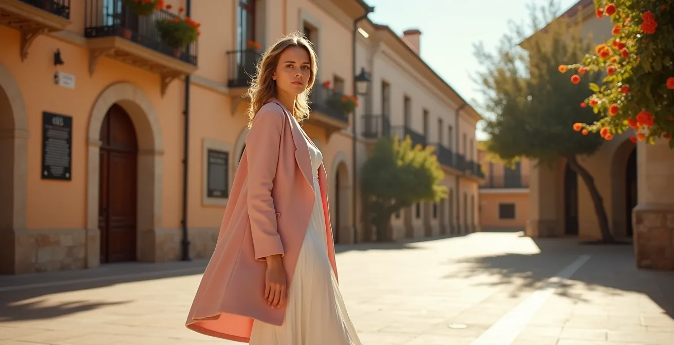 Look primaveral con abrigo ligero de color sobre vestido blanco