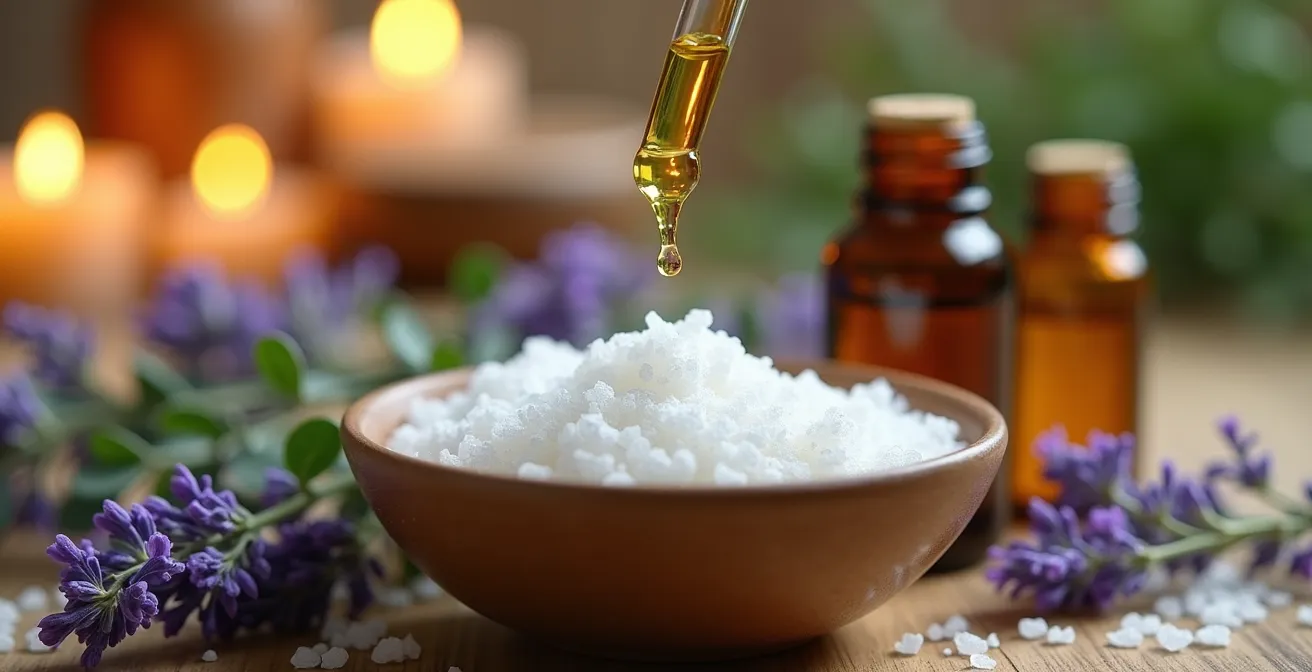Aceites esenciales de lavanda y eucalipto con sales de baño en ambiente spa