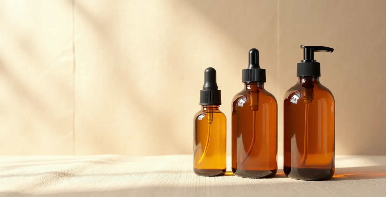 Aceites naturales para el cabello en frascos de vidrio con texturas visibles