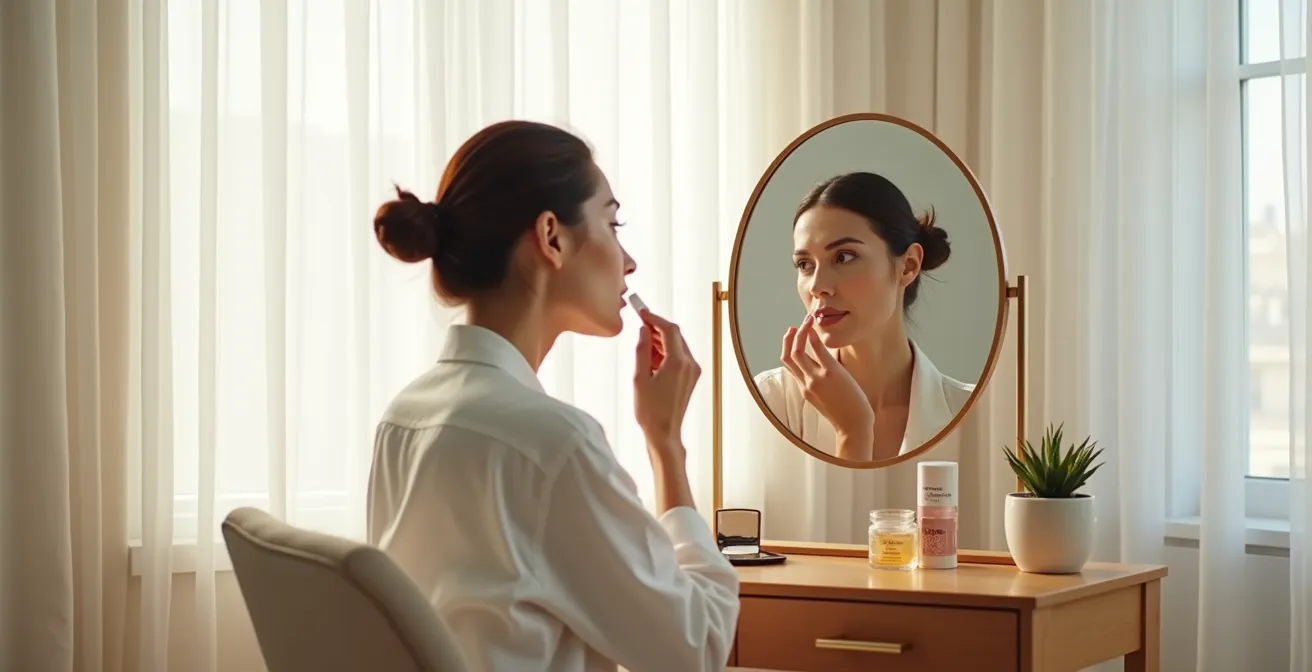 Mujer aplicando bálsamo iluminador en los puntos altos del rostro con luz natural
