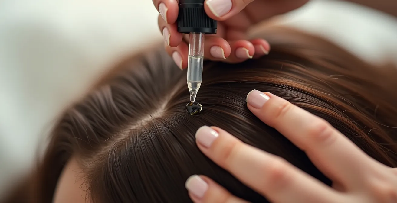 Manos aplicando tratamiento capilar con gotero directamente sobre el cuero cabelludo dividido en secciones