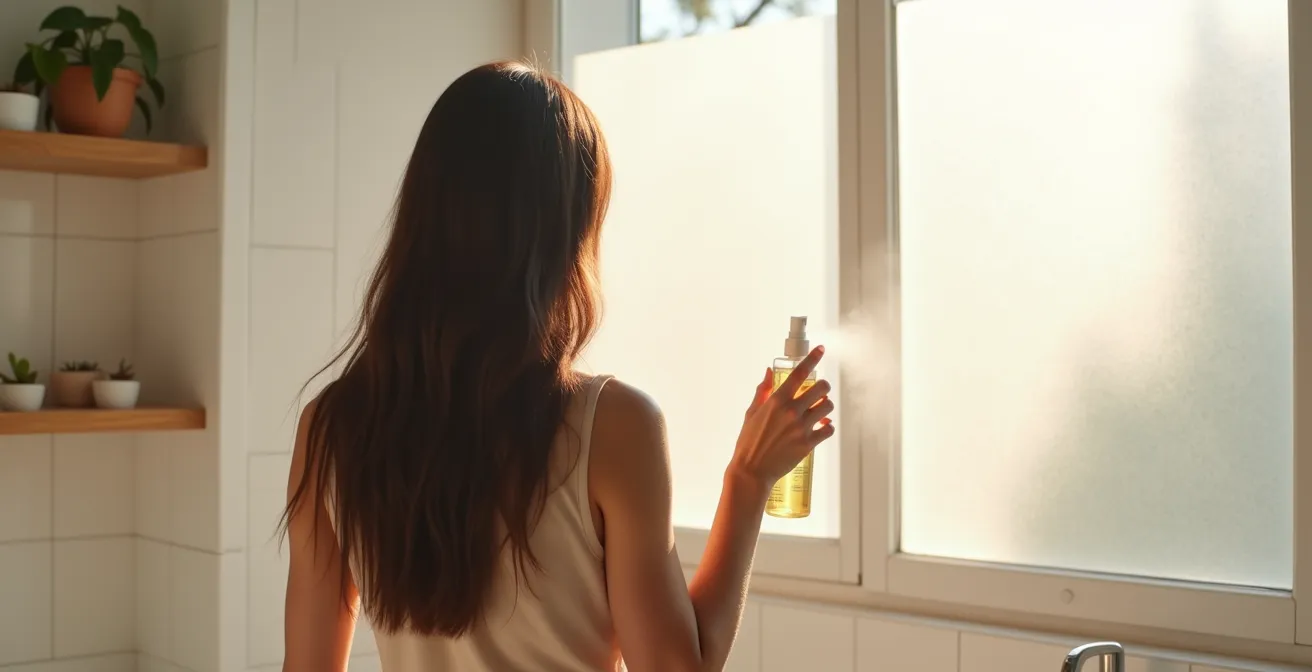 Aplicación correcta de protector térmico en spray sobre cabello a 20 centímetros de distancia