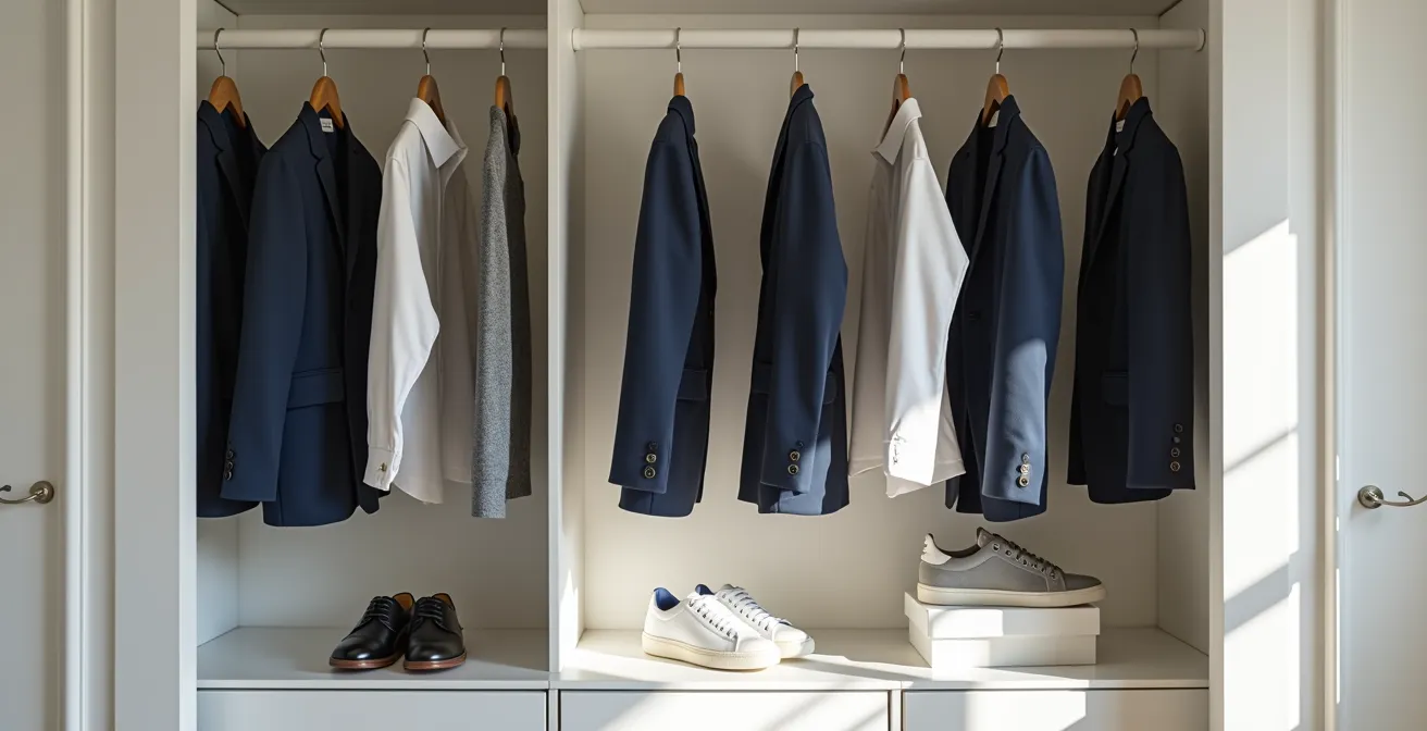 Vista frontal de armario abierto con ropa organizada por colores y zapatillas blancas destacadas