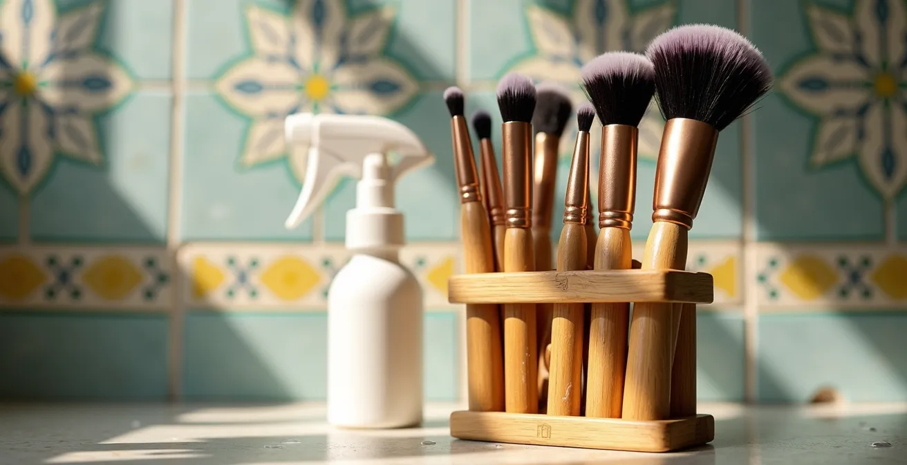 Brochas de maquillaje colgadas verticalmente secándose en un organizador de bambú