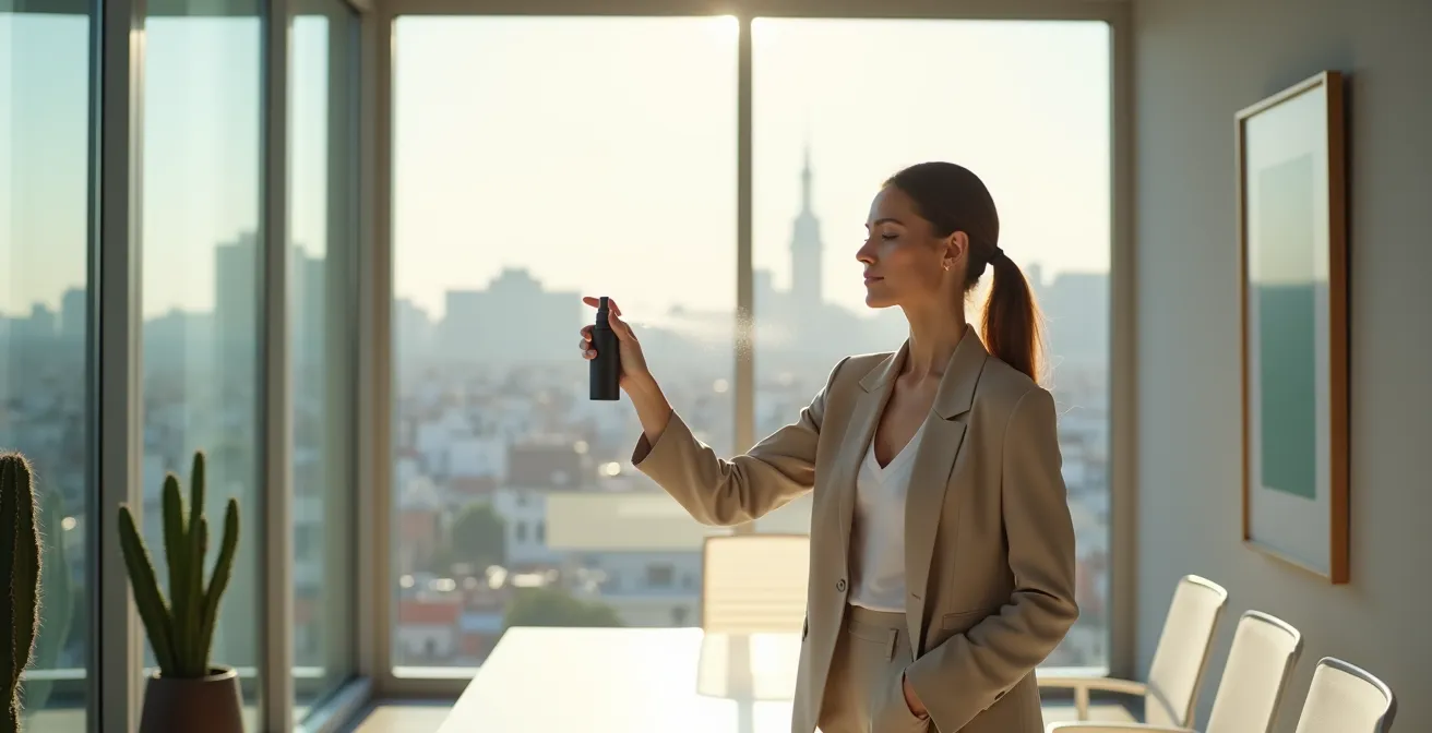 Aplicación de bruma solar sobre maquillaje en ambiente de oficina moderna