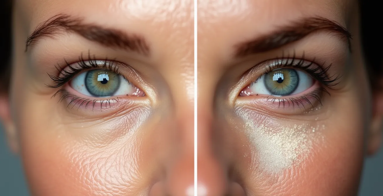 Comparación visual entre acabado mate y luminoso en piel con líneas de expresión