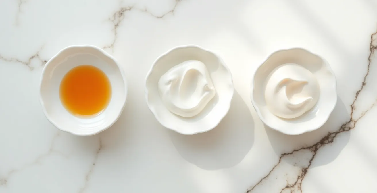 Detalle macro de texturas de cremas con retinol mostrando diferentes consistencias