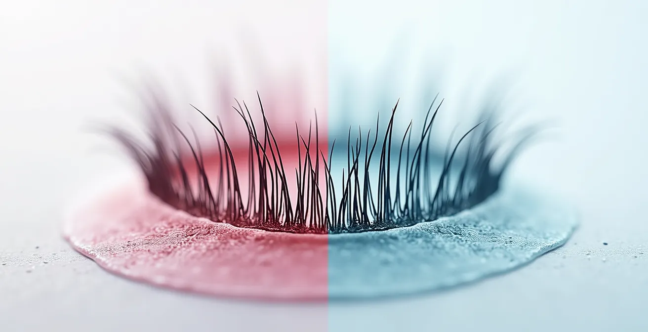 Ilustración macro del folículo piloso de pestañas mostrando diferencia entre sano y dañado por uso excesivo de waterproof