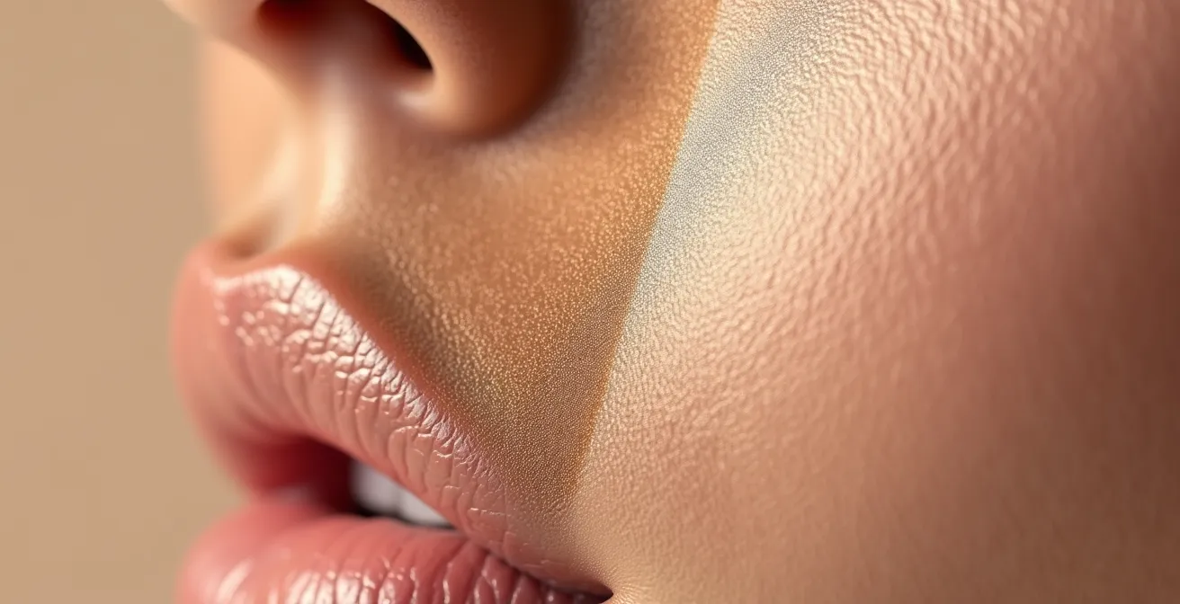 Detalle macro de textura de piel mostrando diferencia entre acabado Cloud Skin y mate total