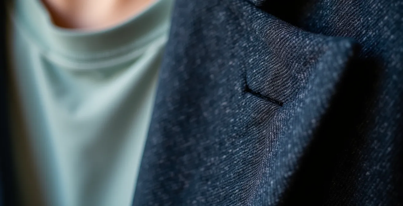 Detalle de americana estructurada sobre camiseta básica mostrando la transformación del look