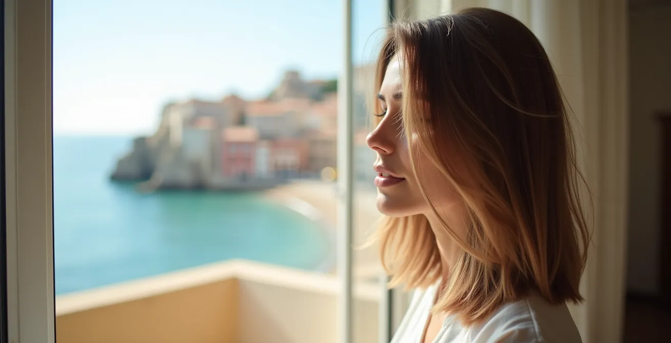 Perfil de mujer con melena larga y lisa en ambiente costero húmedo