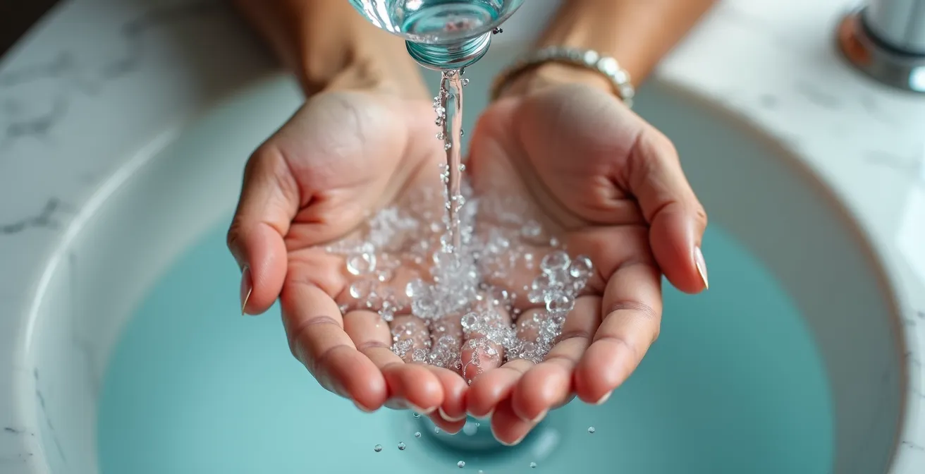 Primer plano de manos sosteniendo agua cristalina sobre lavabo de mármol blanco