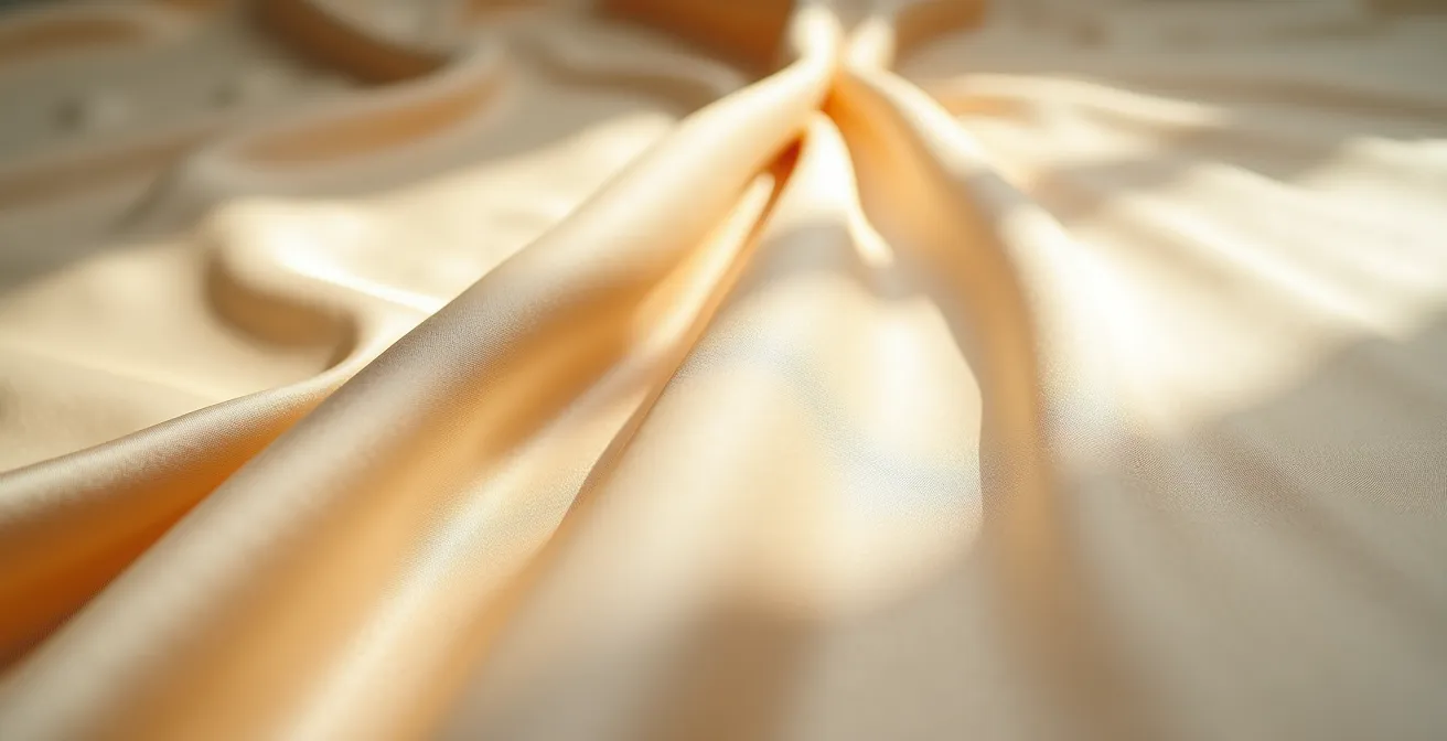 Detalle macro de tejido de seda con reflejos suaves y textura sedosa visible