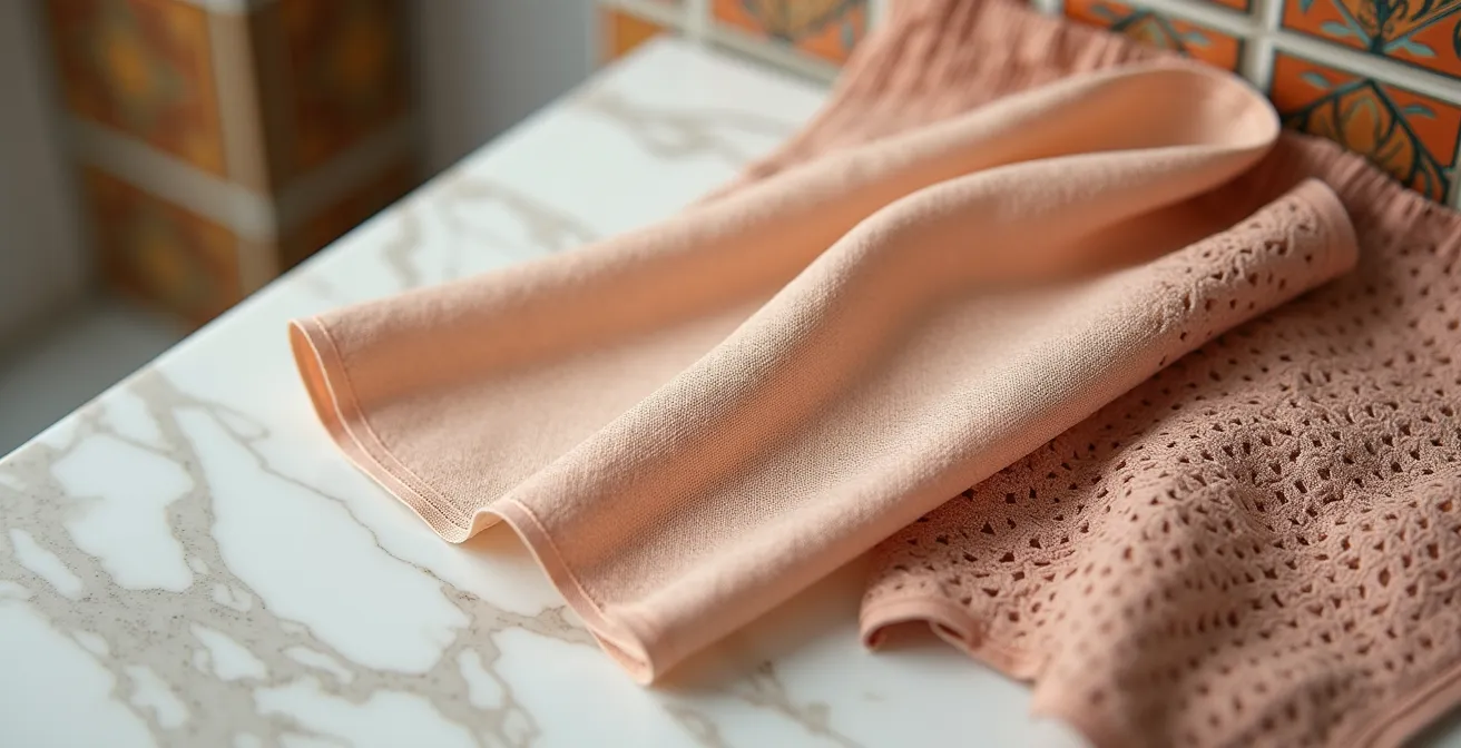 Composición elegante de diferentes tejidos de lencería moldeadora sobre superficie de mármol con luz suave