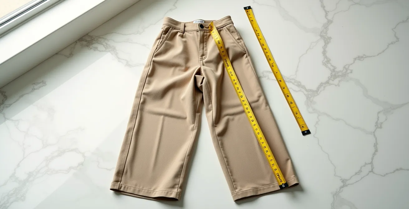 Tutorial visual mostrando cómo medir correctamente una prenda vintage sobre superficie plana