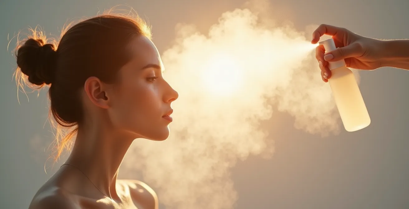 Aplicación de bruma hidratante sobre zona de piel con costra cicatrizante