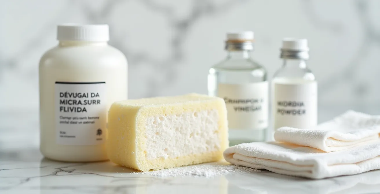 Primer plano de productos de limpieza españoles para zapatillas blancas sobre superficie de mármol