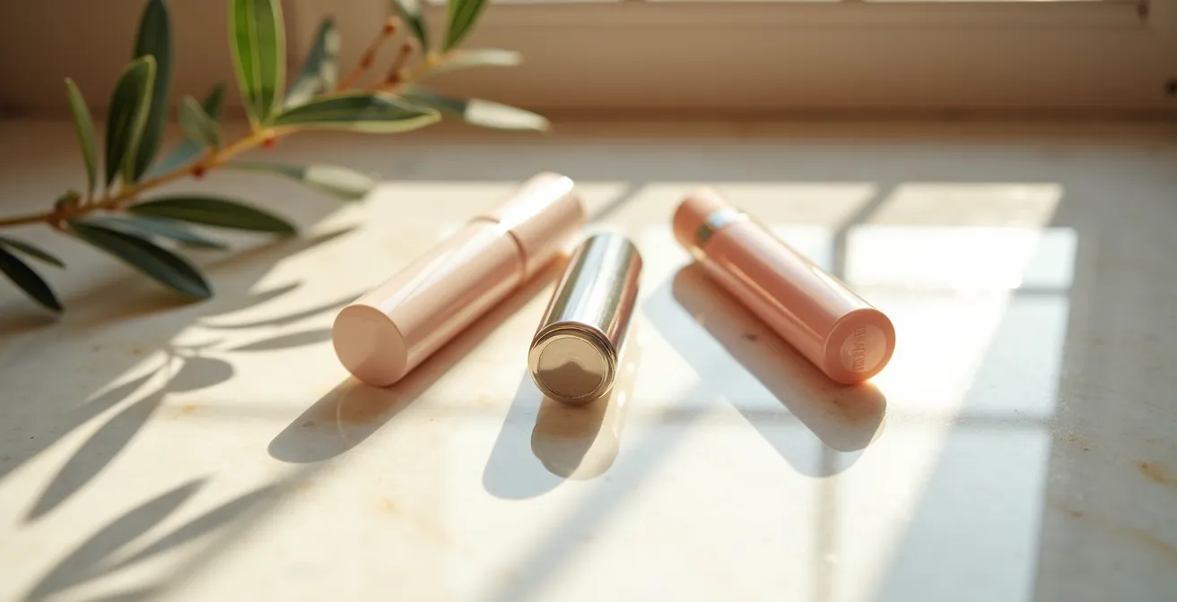 Kit minimalista de tres productos esenciales de maquillaje sobre tocador