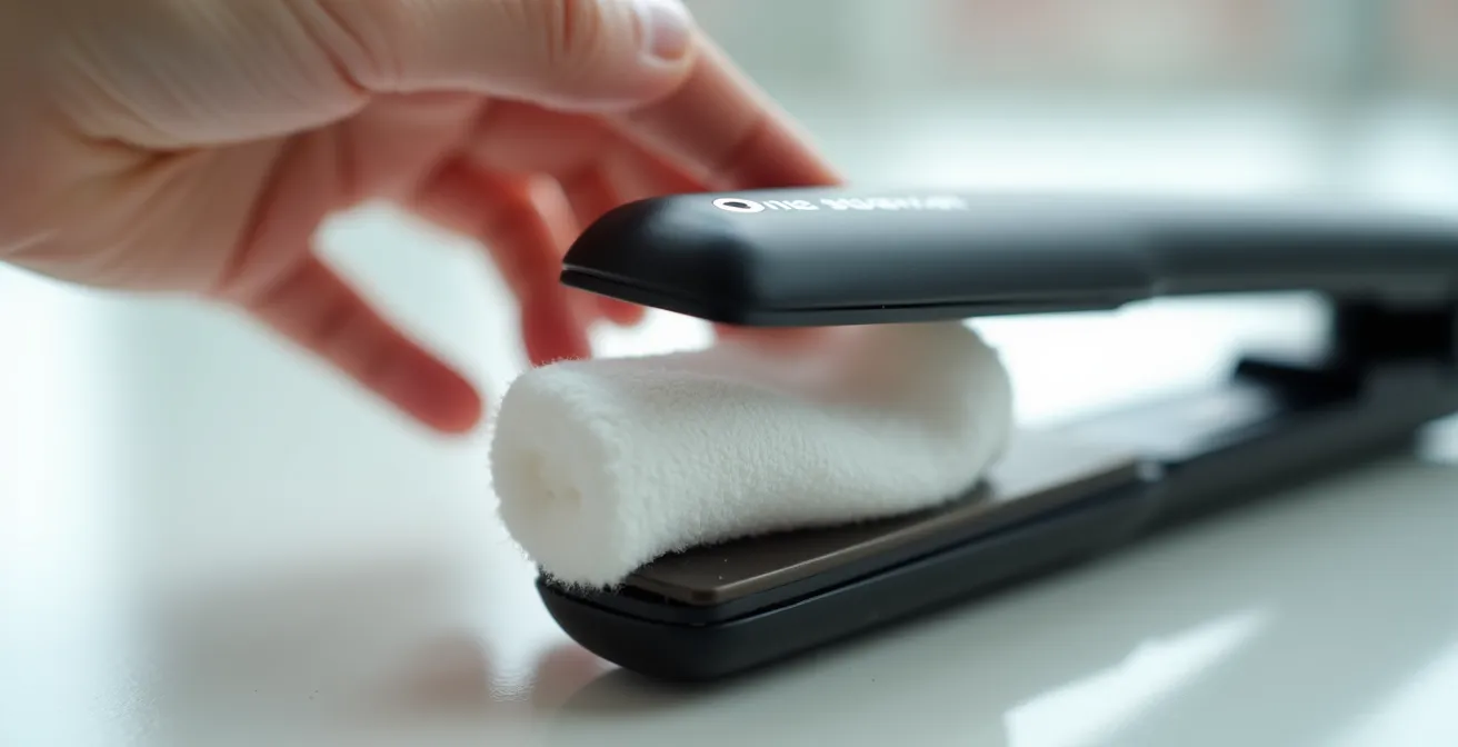 Limpieza de placas de plancha de pelo con algodón y solución de vinagre