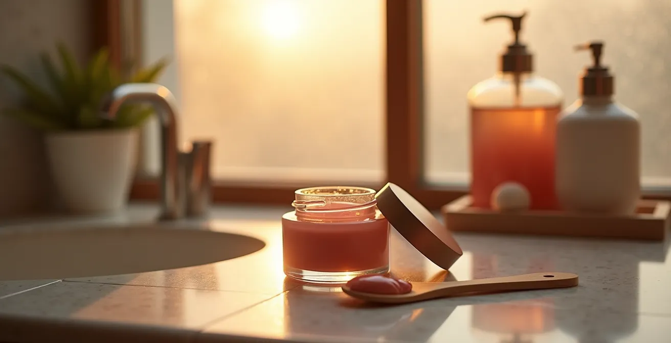 Textura cremosa de mascarilla labial nocturna en aplicación sobre un fondo de baño minimalista español