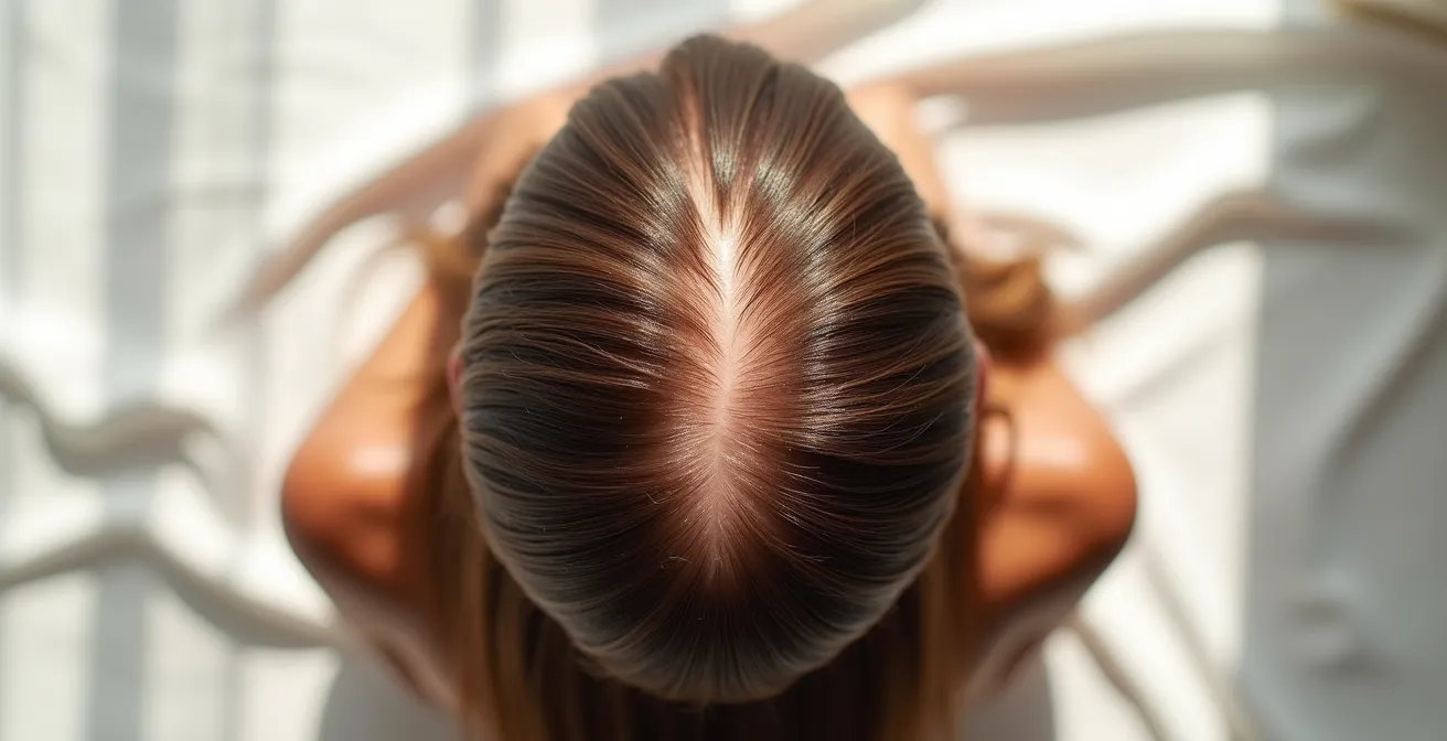 Vista cenital de un cuero cabelludo sano con cabello dividido mostrando la piel limpia y bien irrigada