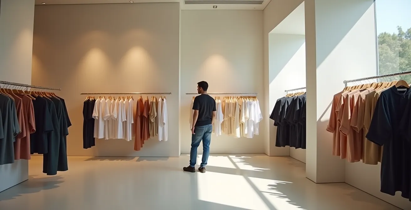 Persona explorando prendas en sección masculina de tienda española con ropa oversize