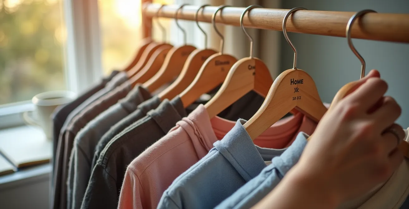 Perchas con conjuntos organizados por días de la semana en armario iluminado