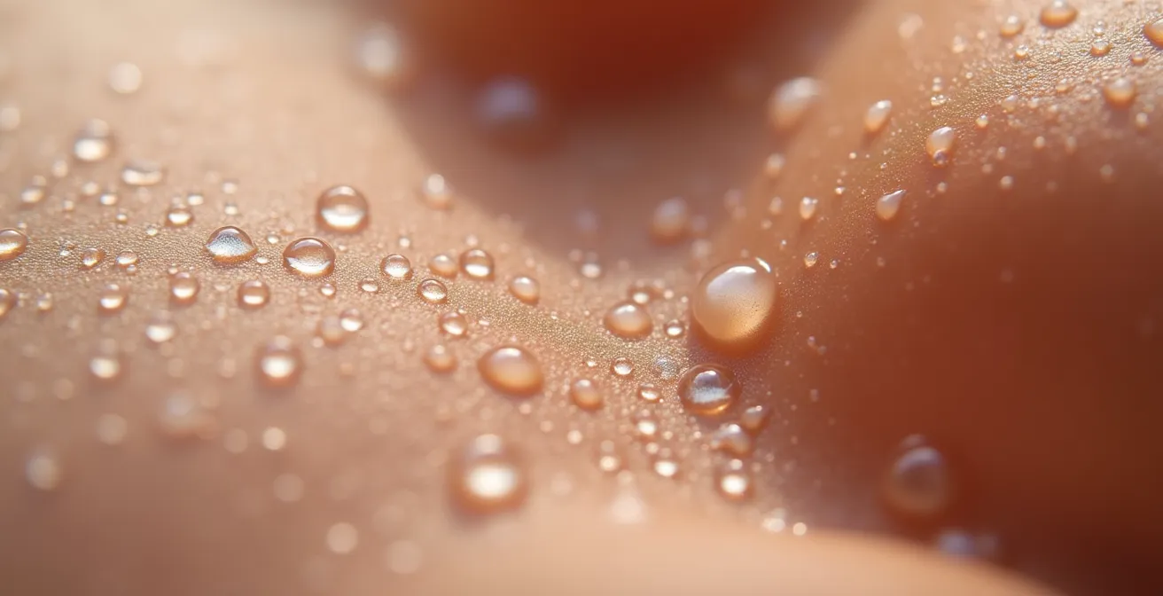 Detalle macro de piel hidratada con gotas de sérum creando efecto luminoso