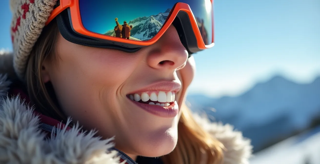 Primer plano de labios protegidos con bálsamo SPF en un entorno de esquí en las montañas de Sierra Nevada