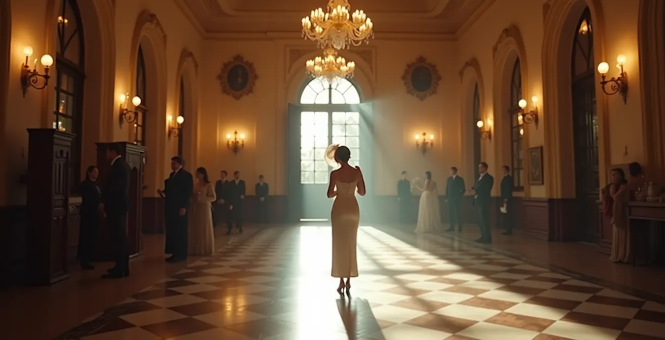 Elegante mujer con tocado en salón de bodas español
