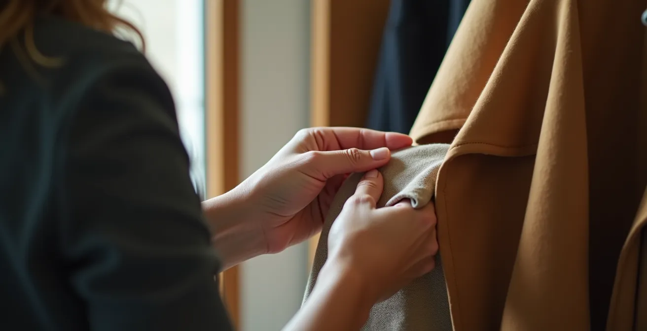 Mano realizando la prueba de arrugado en una prenda dentro del probador