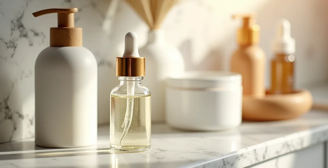 Productos de cosmética minimalista sobre tocador de mármol con luz natural