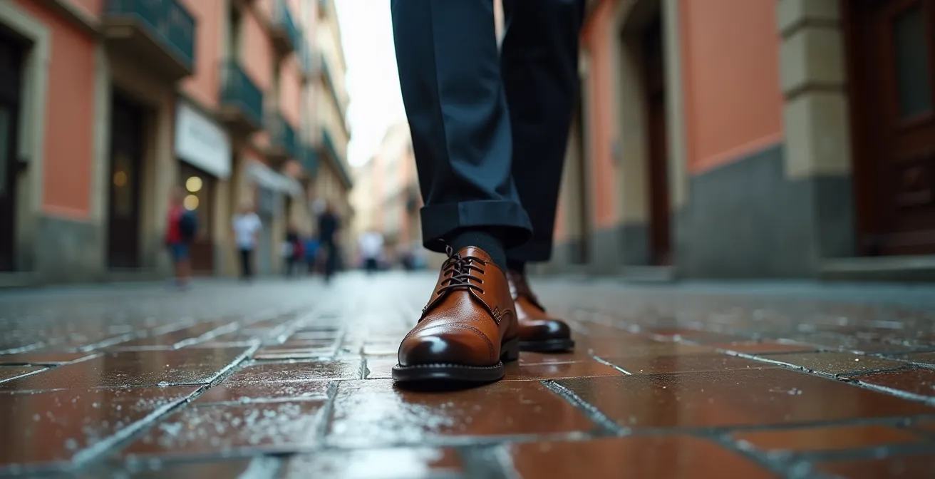 Comparación de suela de cuero y suela con tapa de goma en pavimento urbano español