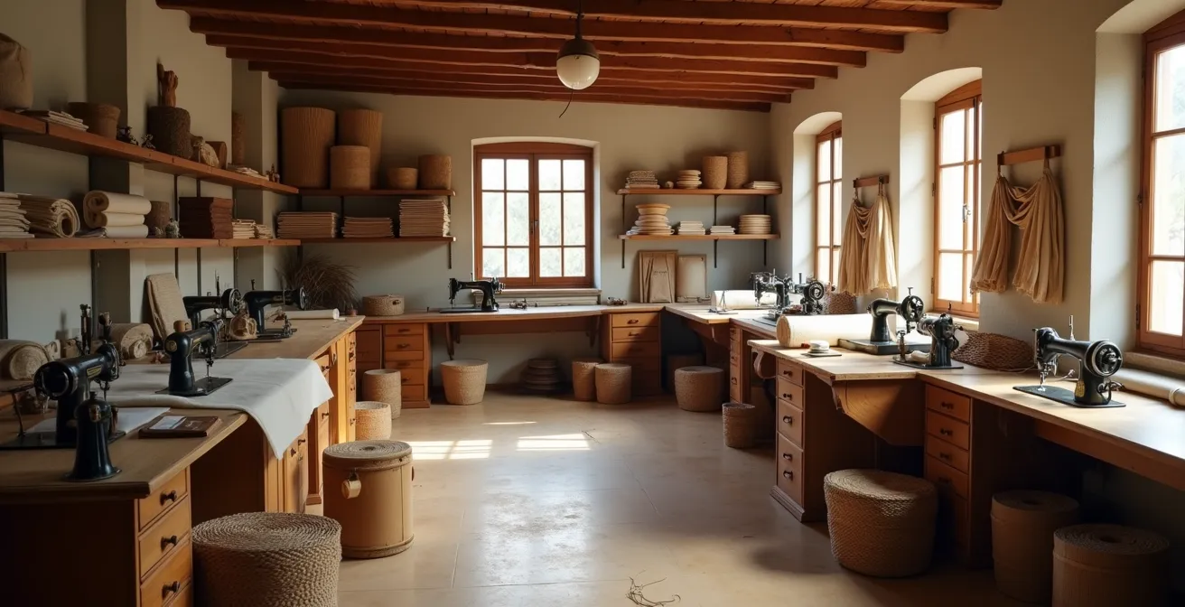 Taller de confección artesanal español con tejidos naturales y herramientas tradicionales