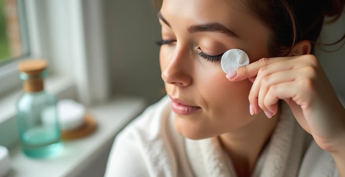 Demostración paso a paso del desmaquillado suave de pestañas con producto bifásico