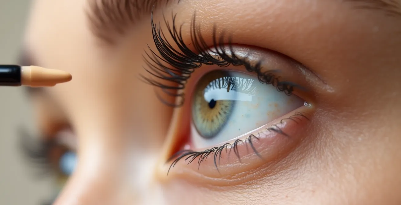 Primer plano de zona del ojo mostrando aplicación de corrector en dos puntos estratégicos