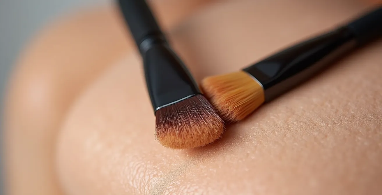 Demostración de técnica de maquillaje stippling con brocha dúo fibra sobre piel con textura