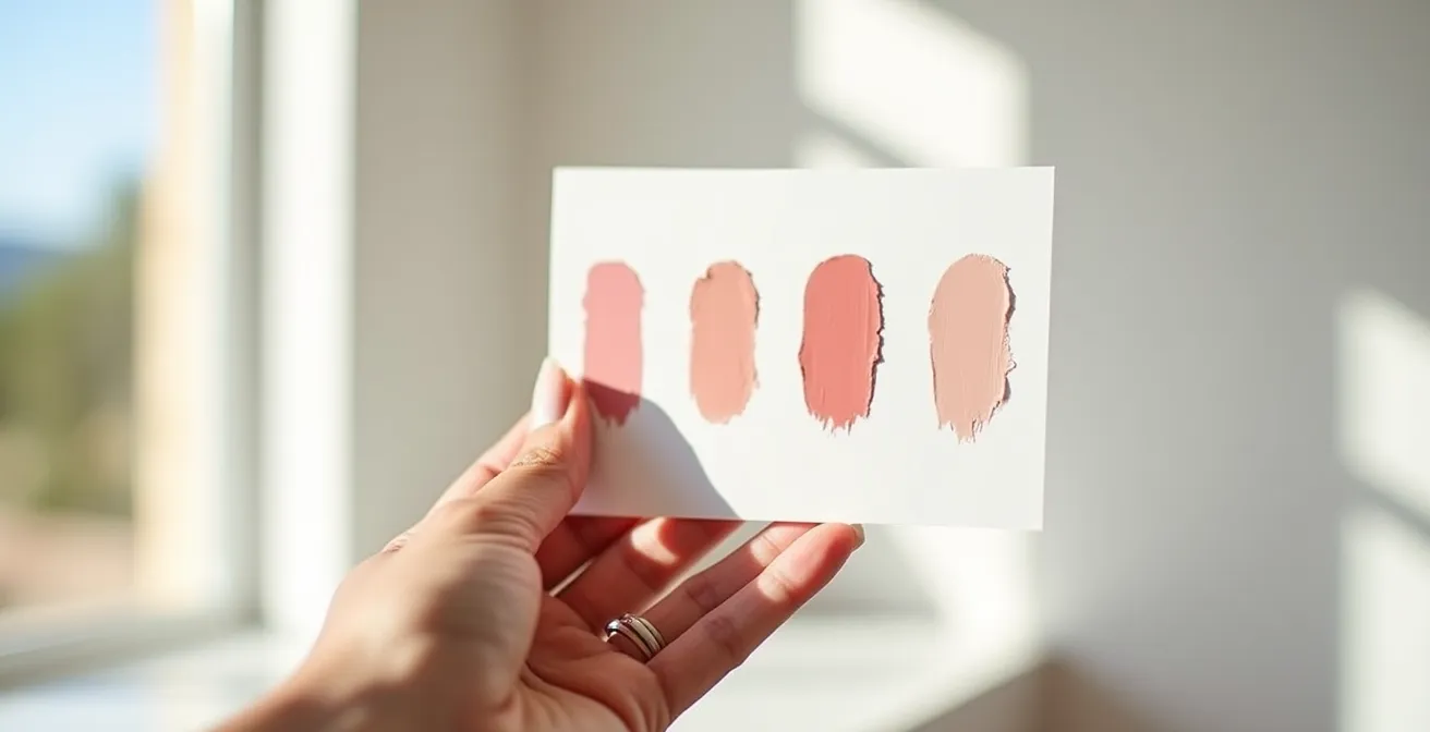 Mano aplicando muestra de labial nude en papel blanco bajo luz natural para revelar el verdadero subtono