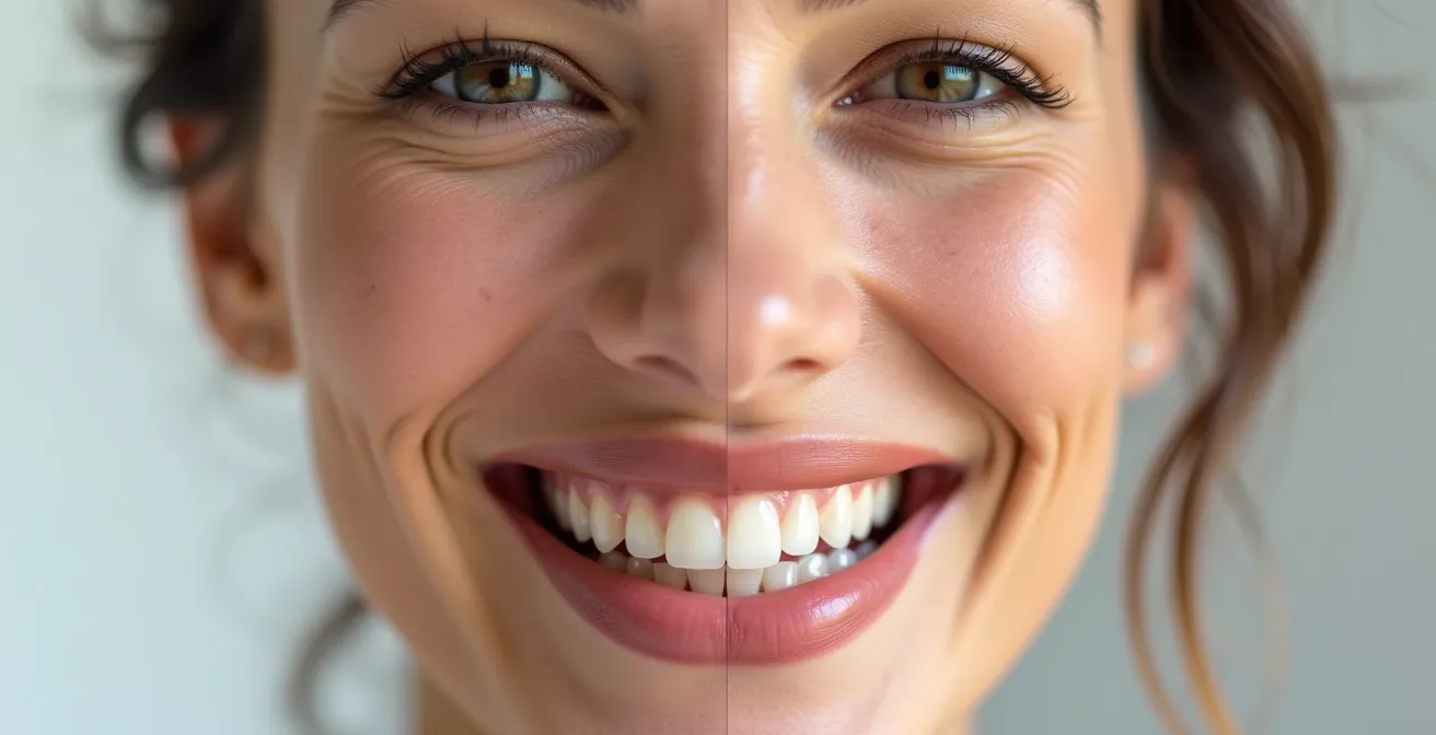 Comparación visual de labios con nude más claro y más oscuro que la encía mostrando el efecto correcto