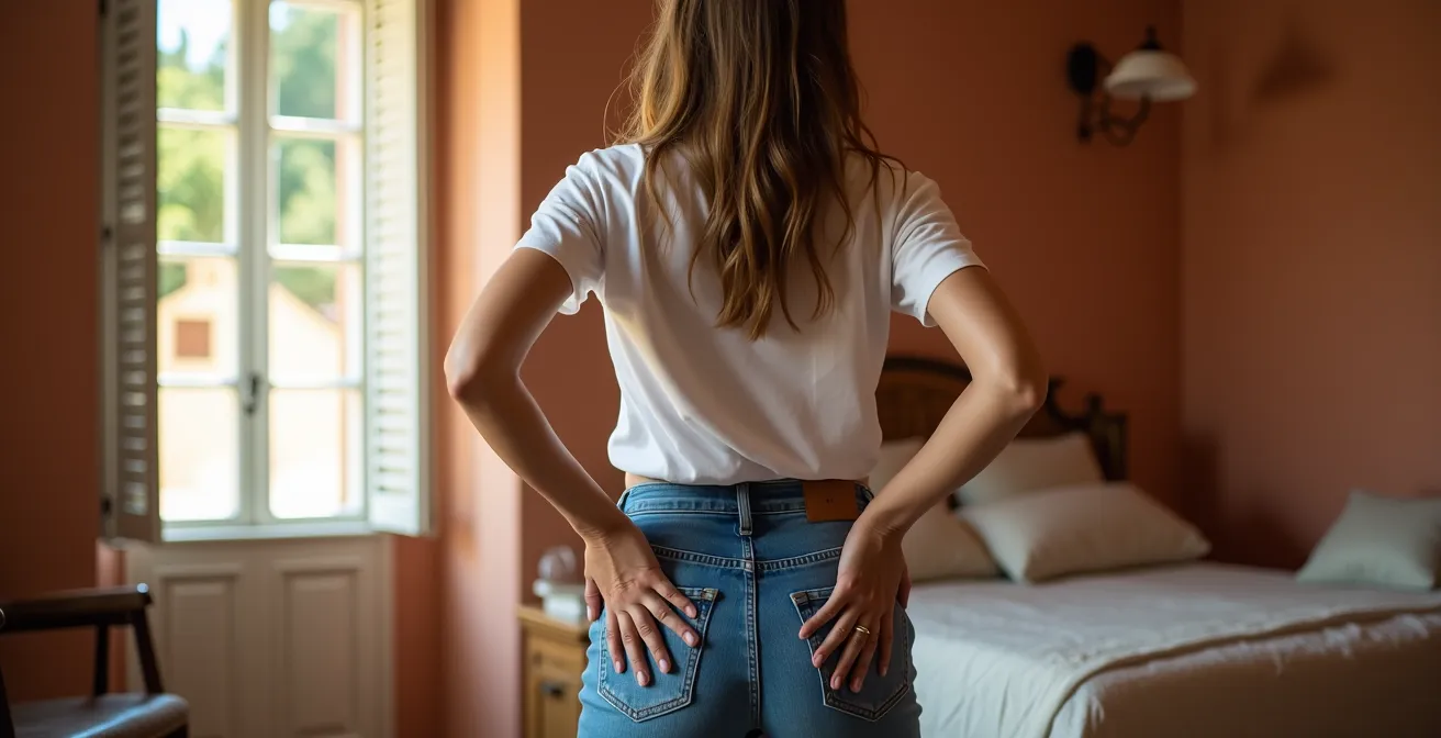 Detalle del ajuste perfecto de vaqueros en cintura y cadera sin huecos