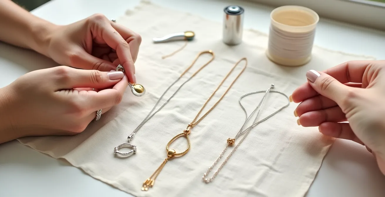 Manos femeninas demostrando diferentes técnicas para acortar collares sin cortarlos