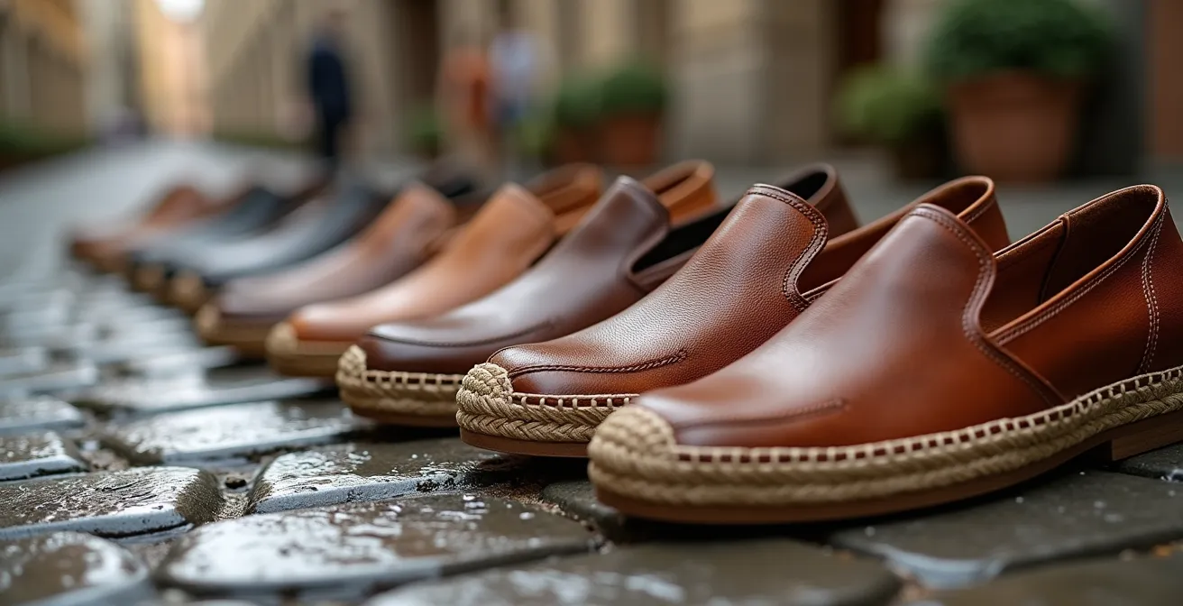 Colección de calzado español de entretiempo incluyendo alpargatas, mocasines y menorquinas sobre adoquines mojados