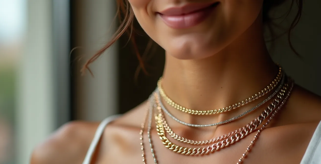 Mujer con múltiples gargantillas en capas mezclando oro y plata