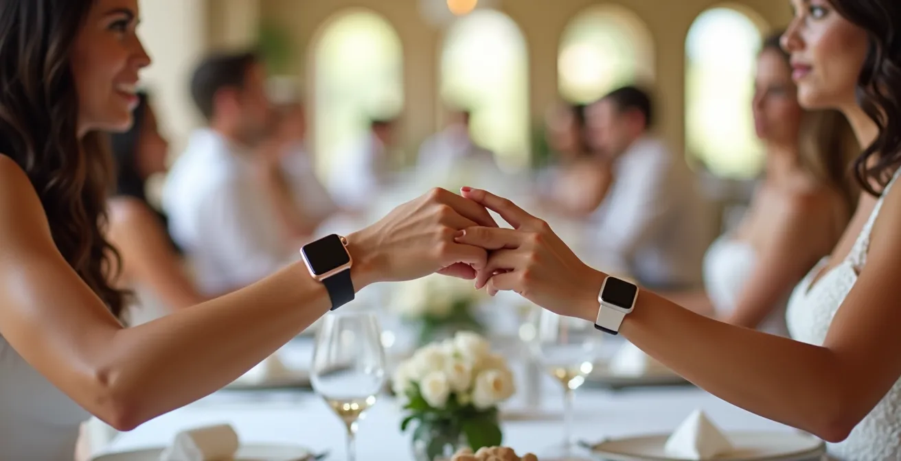Comparación visual de diferentes tamaños de Apple Watch en muñeca femenina con vestido de invitada
