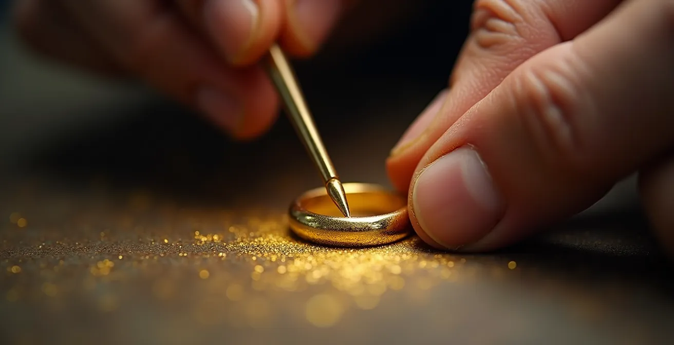 Manos de artesano joyero español trabajando en una delicada pieza de oro 18k