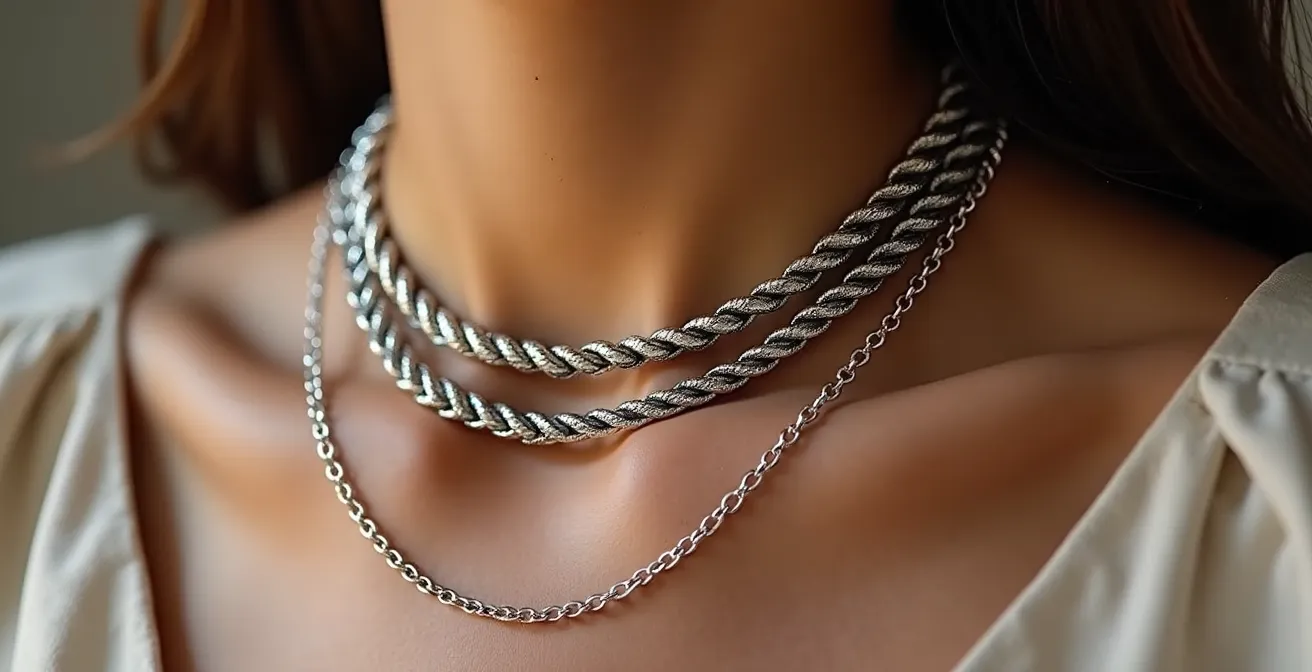 Detalle de cuello femenino con tres collares de diferentes longitudes y texturas sin enredos