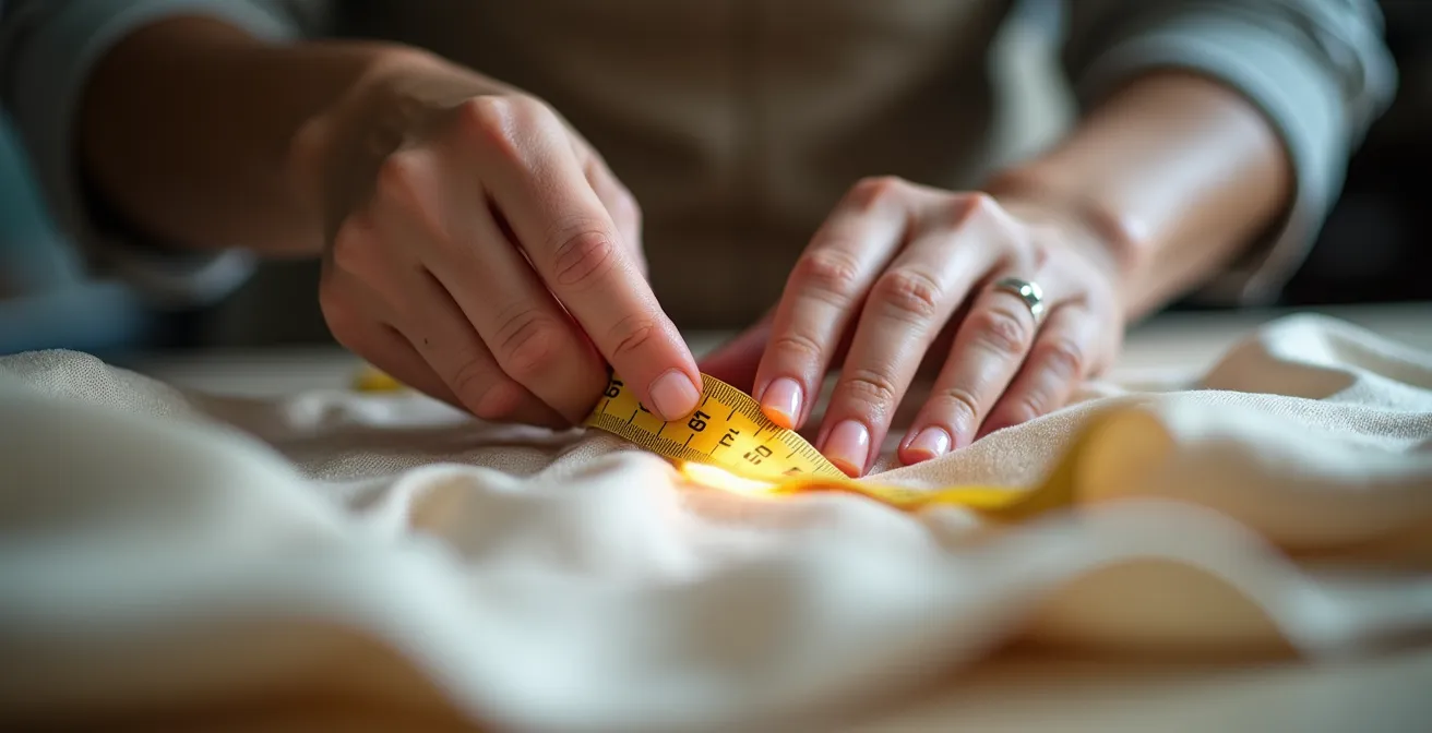 Manos expertas de modista trabajando en la transformación de un vestido largo en un taller español