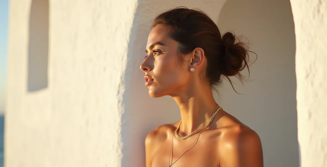 Perfil de mujer con piel olivácea y micro-joyas de oro amarillo casi imperceptibles