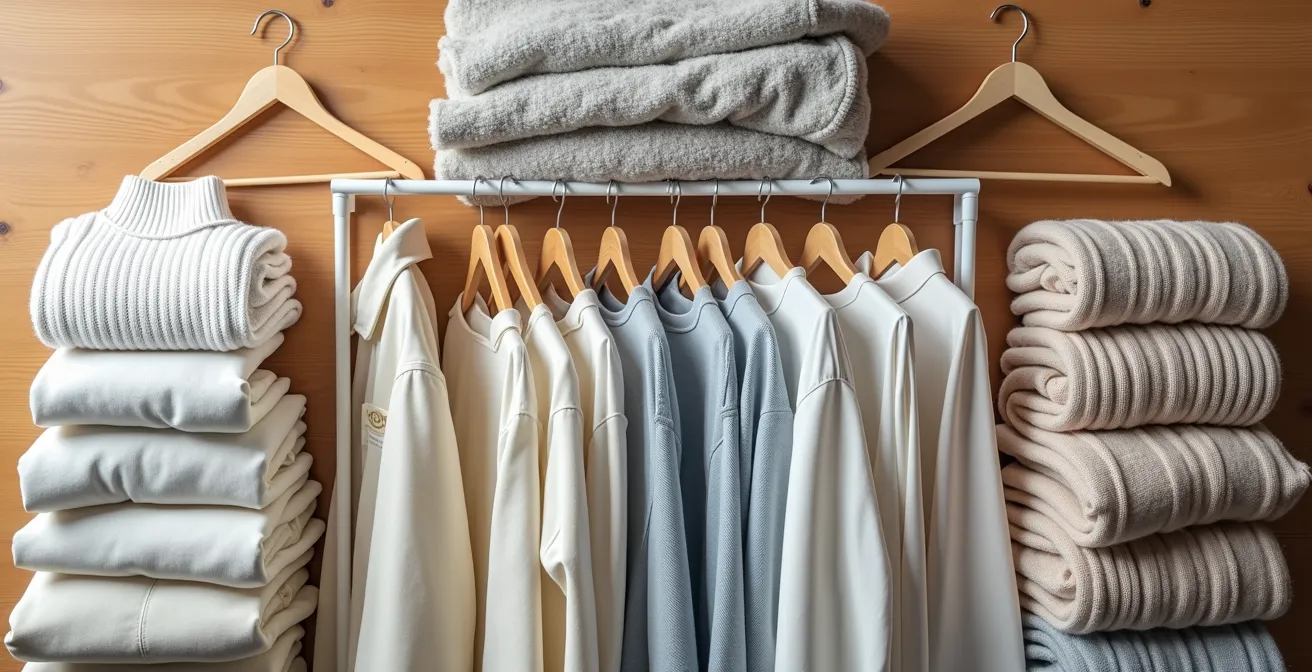 Armario organizado con sistema de almacenaje para prendas de entretiempo, mostrando ropa doblada y colgada