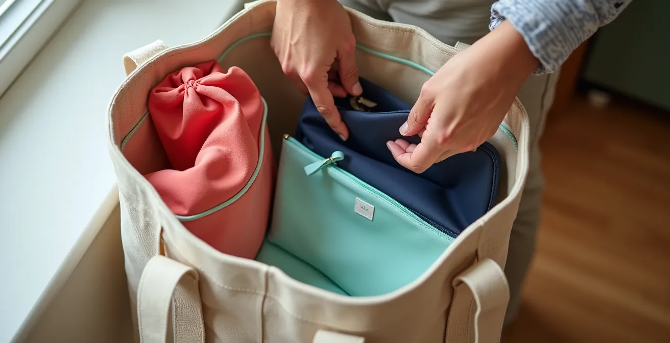 Vista aérea de bolso tote abierto mostrando sistema de organización por colores